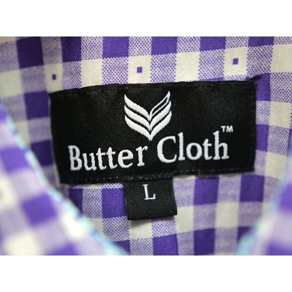 Butter Cloth Men Large Slim Fit Button Shirt Cotton Gingham‎ Purple Short Sleeve - Picture 4 of 8